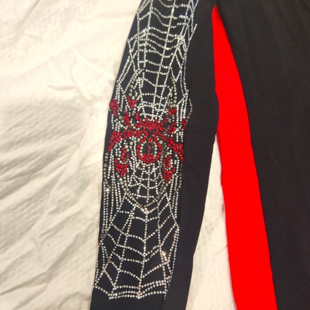 Bikers Den Stretch Open Shoulder & Neckline Bling Sleeve Spider And Web Shirt - Picture 4 of 10
